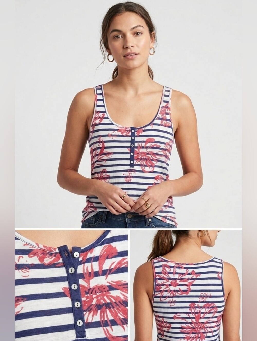 Banana Republic Striped Floral Henley Tank Top Size XS Red Blue White Knit